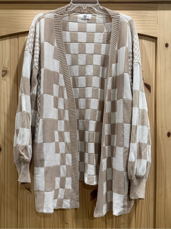 Anniewear Sweaters - Women's Checkerboard Open-Front Cardigan Sweater - Cream & Beige, Size XL
